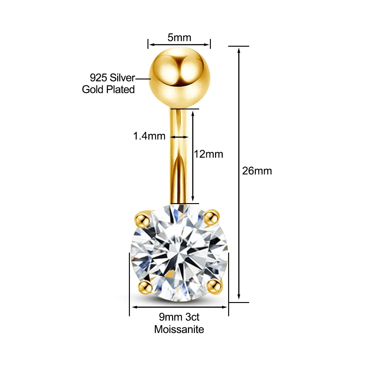 Piercing de Nombril en Argent 925 avec Pierre Moissanite – Élégance & Brillance de Luxe
