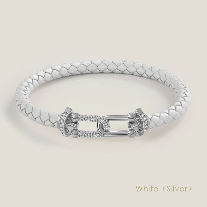 Bracelet en cuir tressé et zircon – Élégance intemporelle, design en U raffiné ✨