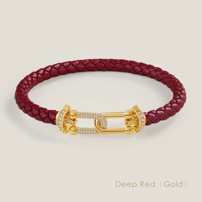 Bracelet en cuir tressé et zircon – Élégance intemporelle, design en U raffiné ✨