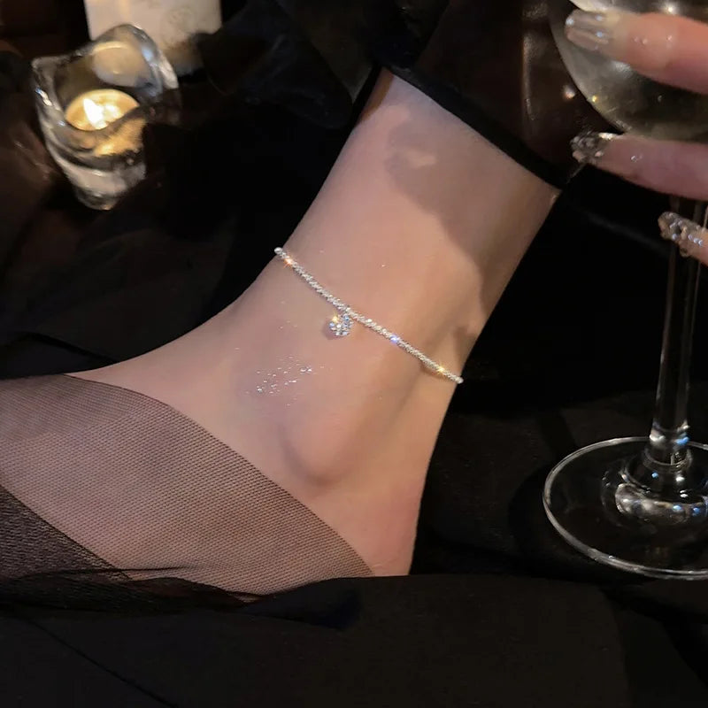 Bracelet de Cheville Femme en Argent 925 – Chaîne Éclatante avec Cristaux Zirconium | Bijou Élégant et Raffiné pour l’Été