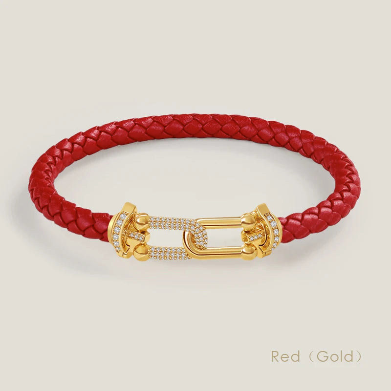 Bracelet en cuir tressé et zircon – Élégance intemporelle, design en U raffiné ✨
