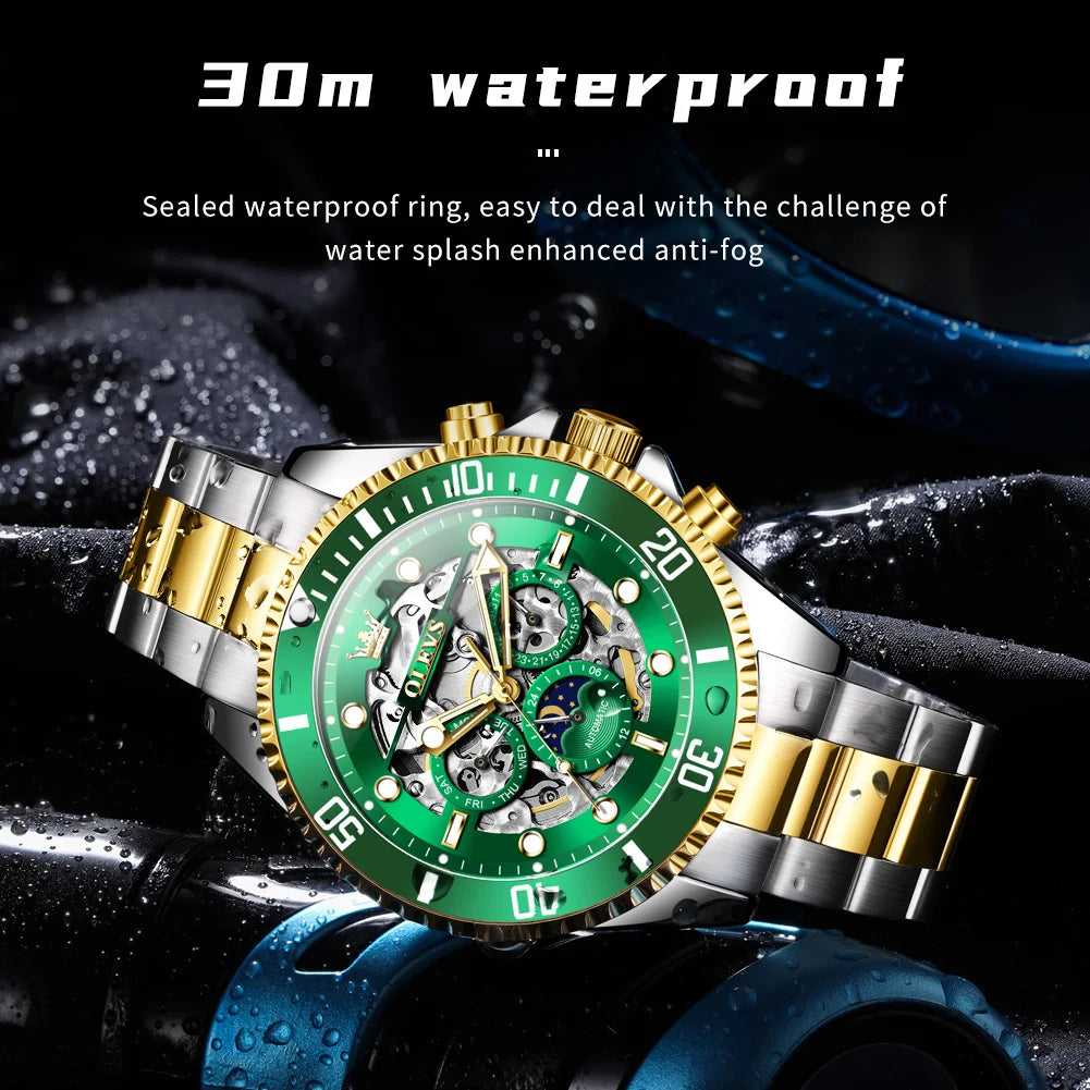 Montre Homme OLEVS 6715 – Automatique Squelette Luxe, Étanche & Élégante avec Phase de Lune