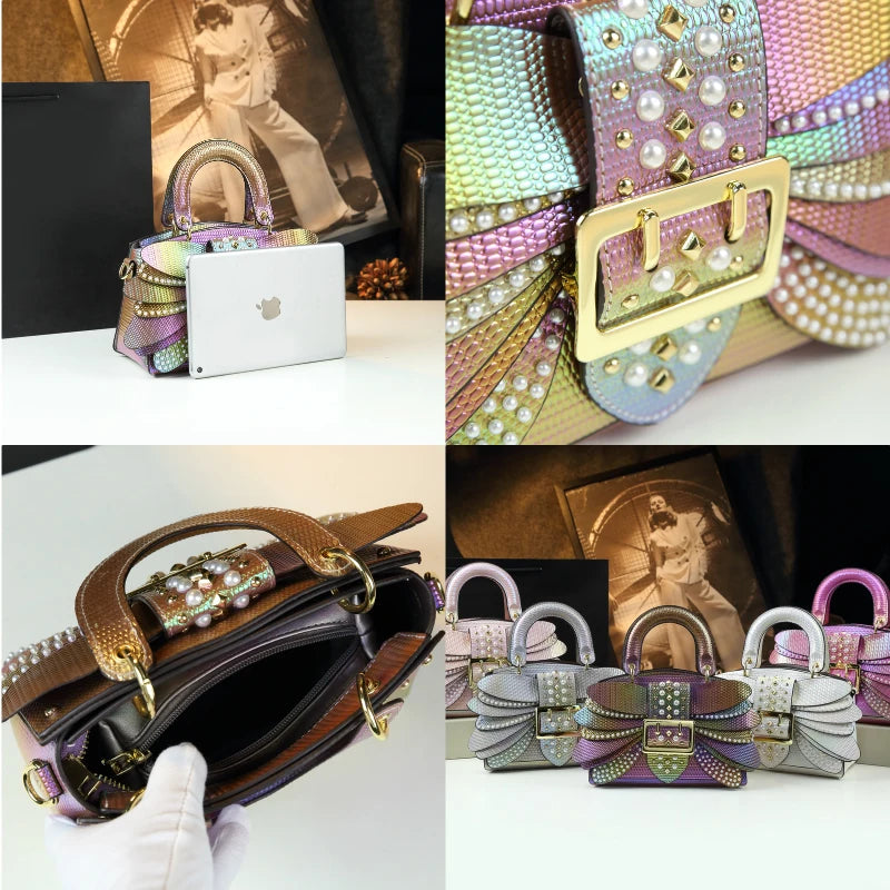Sac à Main Femme Luxe Perles & Rivets – Modèle Élégant à Poignée Rigide | Style Glamour et Original Haut de Gamme