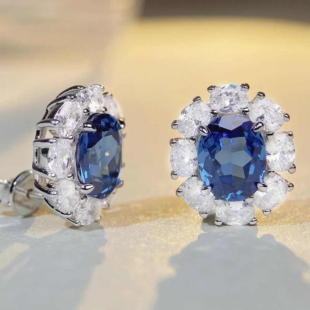 Boucles d’Oreilles Moissanite & Aigue-Marine en Platine PT950 – Éclat Précieux et Élégance Intemporelle