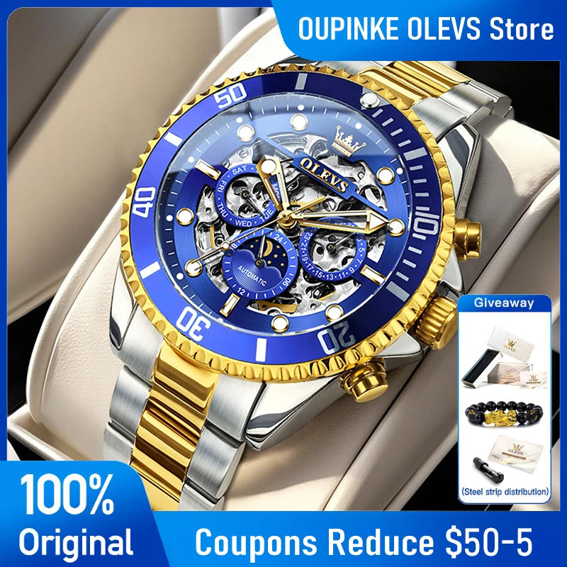 Montre Homme OLEVS 6715 – Automatique Squelette Luxe, Étanche & Élégante avec Phase de Lune