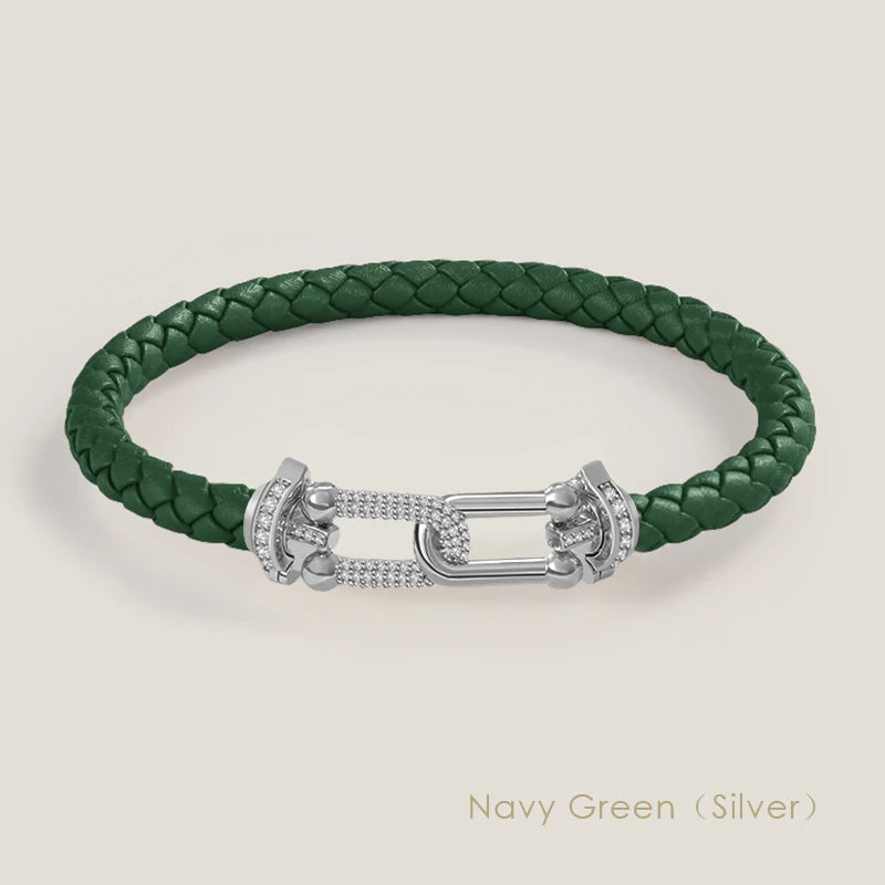 Bracelet en cuir tressé et zircon – Élégance intemporelle, design en U raffiné ✨