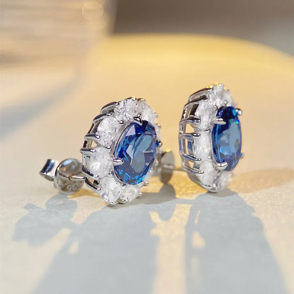 Boucles d’Oreilles Moissanite & Aigue-Marine en Platine PT950 – Éclat Précieux et Élégance Intemporelle