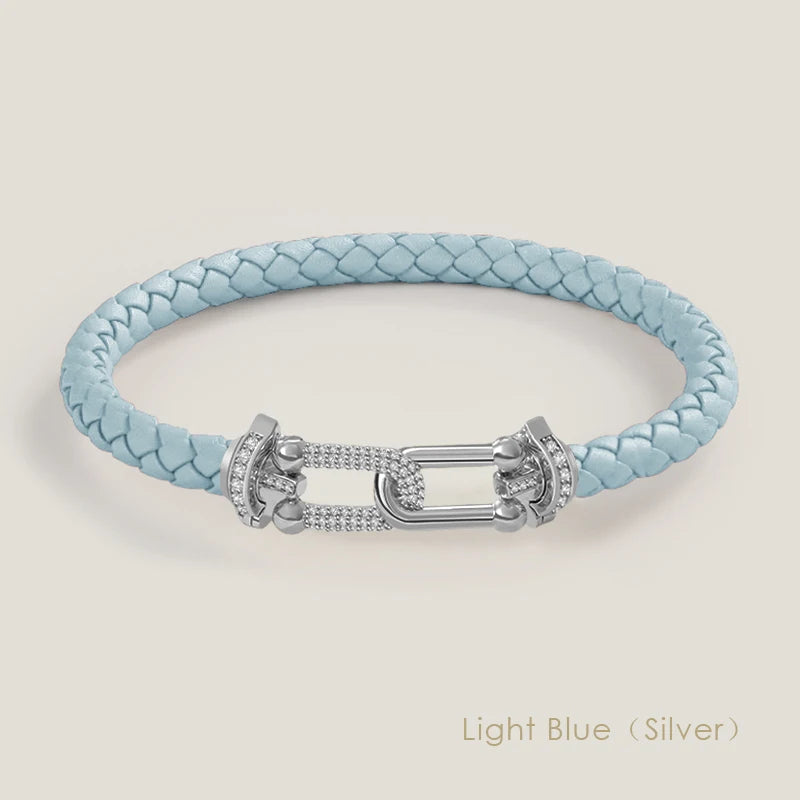 Bracelet en cuir tressé et zircon – Élégance intemporelle, design en U raffiné ✨