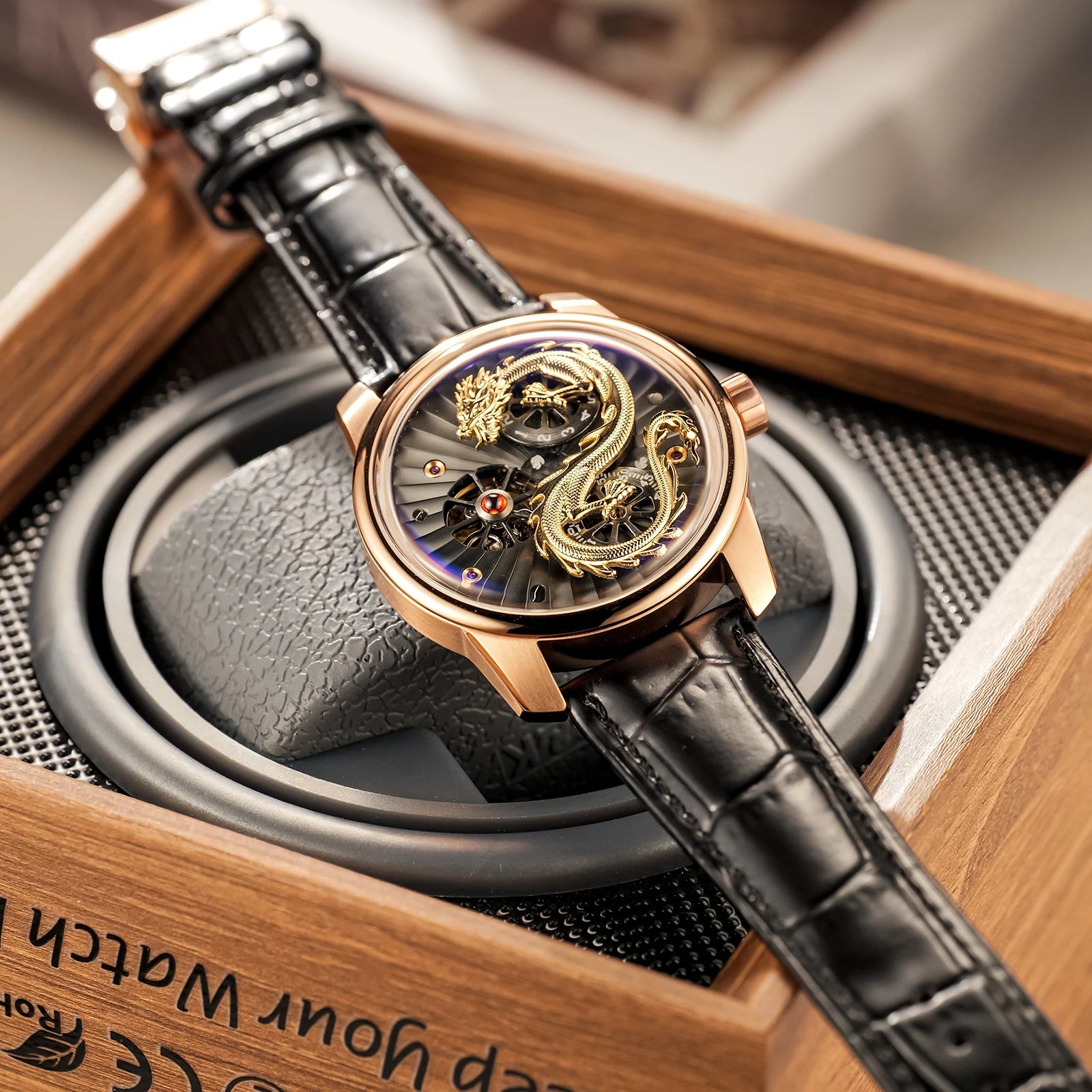 Montre automatique homme “Dragon Royal” – Édition Prestige en or et cuir véritable