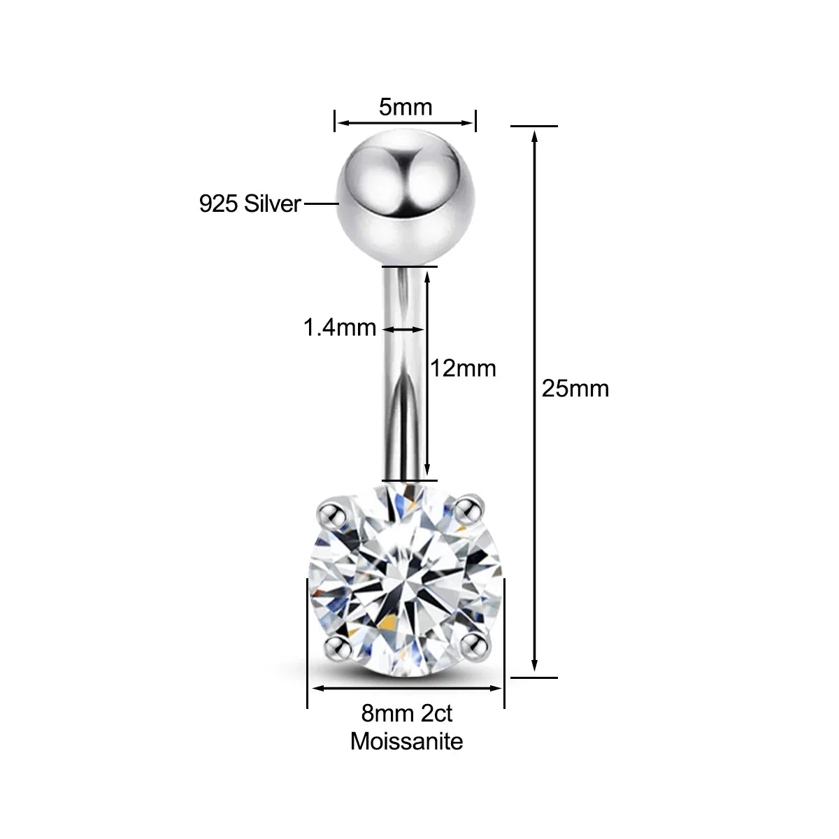 Piercing de Nombril en Argent 925 avec Pierre Moissanite – Élégance & Brillance de Luxe