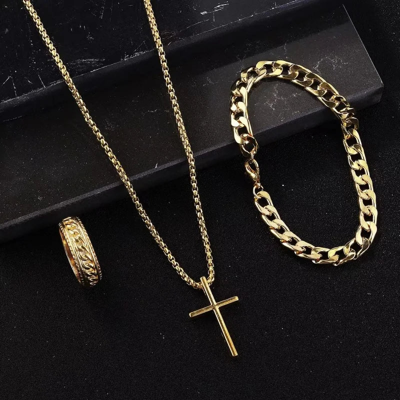 Ensemble Bijoux Homme 3 Pièces – Collier Croix Noire, Bracelet Chaîne et Bague | Style Punk Chic et Tendance