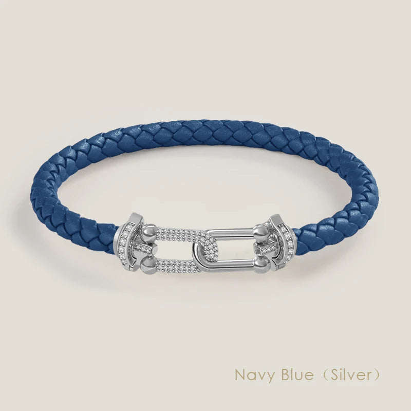 Bracelet en cuir tressé et zircon – Élégance intemporelle, design en U raffiné ✨