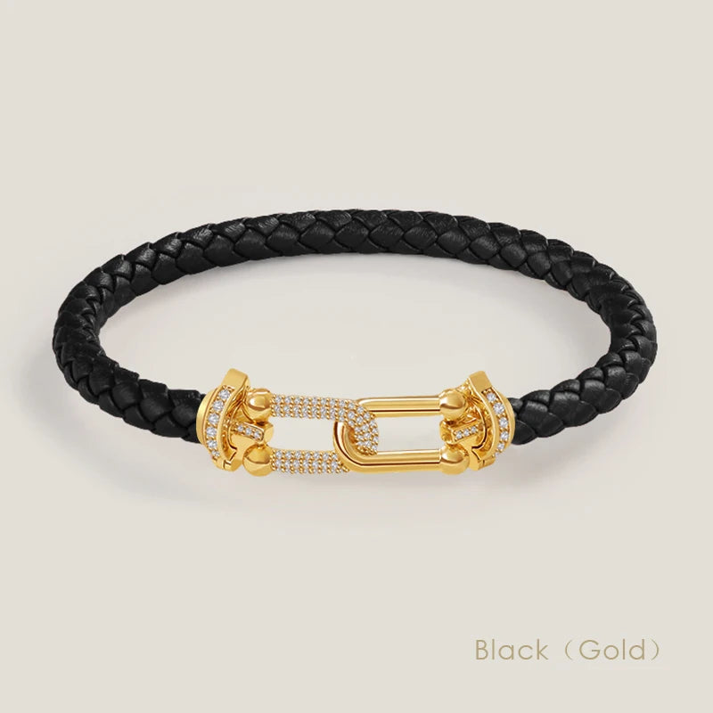 Bracelet en cuir tressé et zircon – Élégance intemporelle, design en U raffiné ✨
