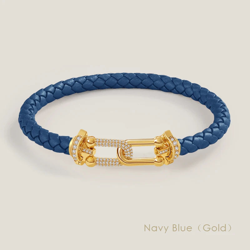 Bracelet en cuir tressé et zircon – Élégance intemporelle, design en U raffiné ✨