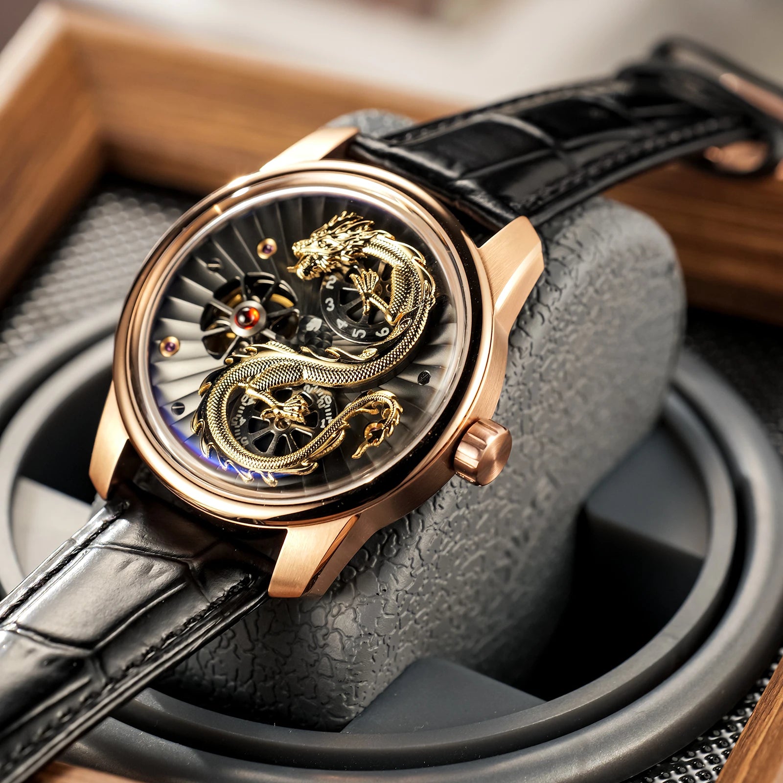 Montre automatique homme “Dragon Royal” – Édition Prestige en or et cuir véritable