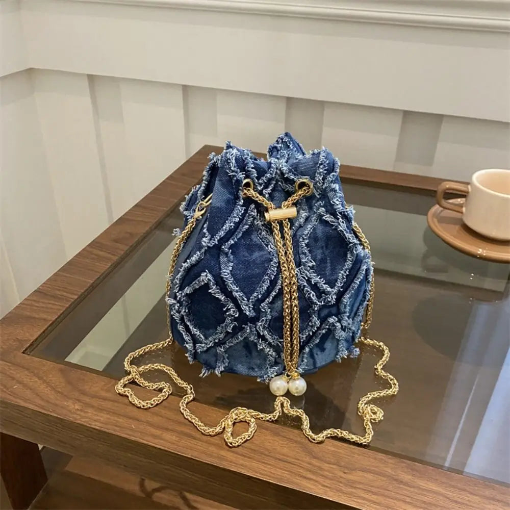 Sac Seau en Jean avec Perles et Chaîne Dorée – Élégance Décontractée & Style Coréen Tendance