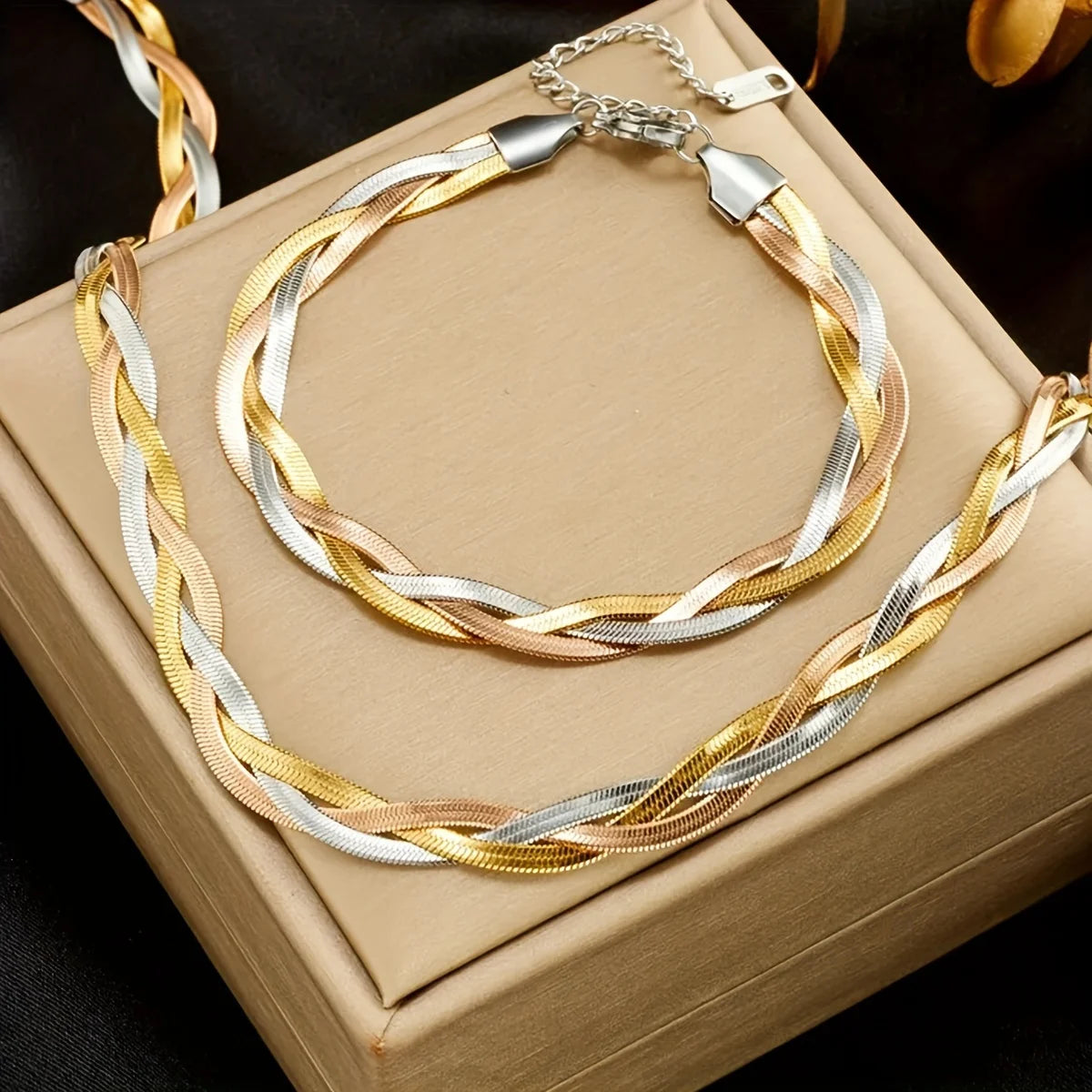 Ensemble Collier et Bracelet Plat en Acier Inoxydable – Maille Serpent Trois Couleurs | Bijoux Tendance Femme & Homme