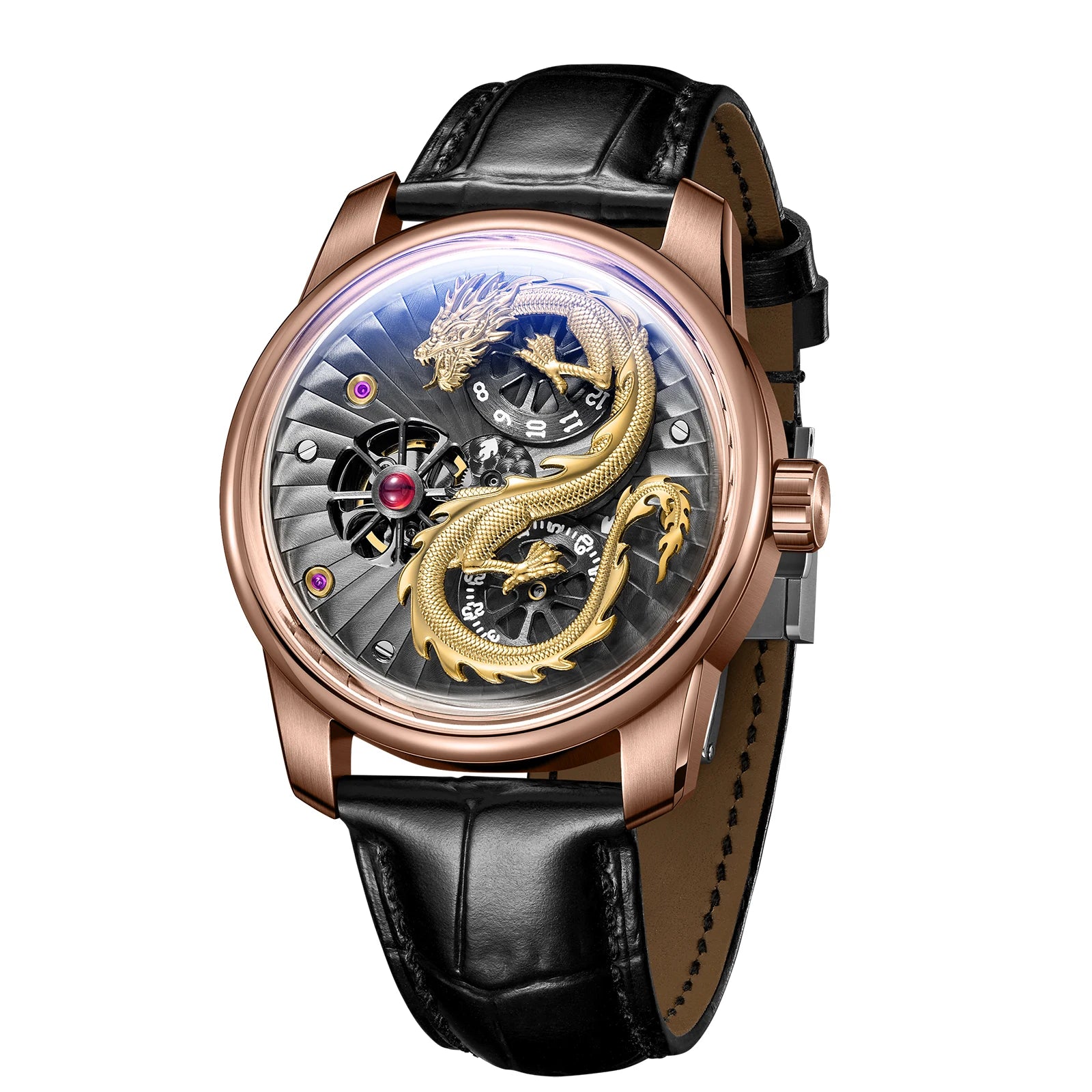 Montre automatique homme “Dragon Royal” – Édition Prestige en or et cuir véritable