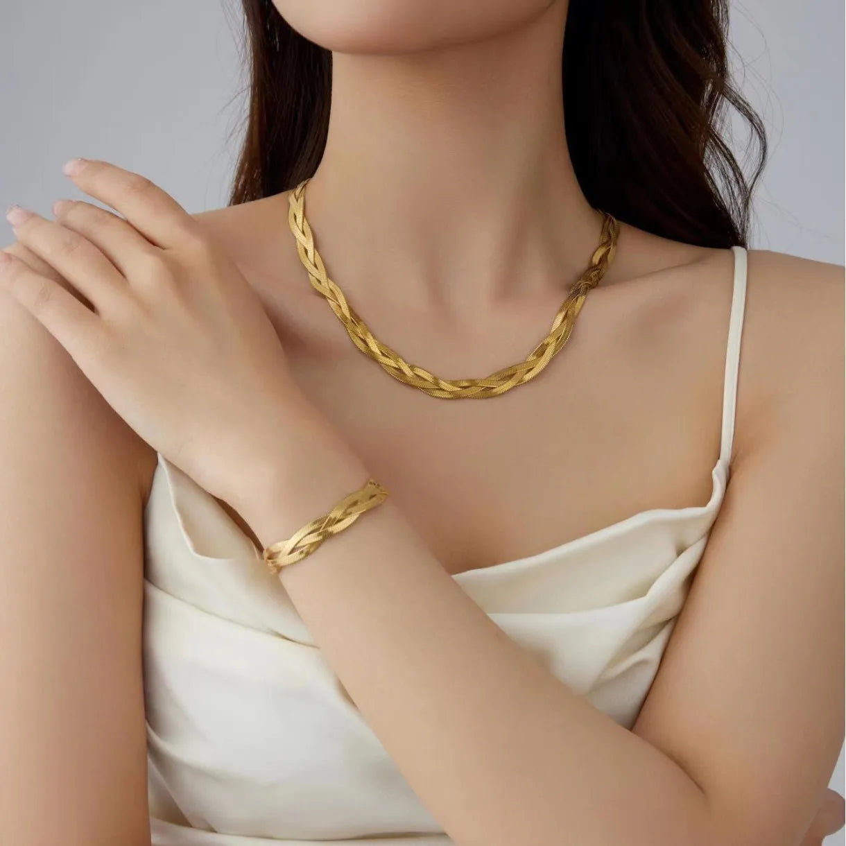 Ensemble Collier et Bracelet Plat en Acier Inoxydable – Maille Serpent Trois Couleurs | Bijoux Tendance Femme & Homme