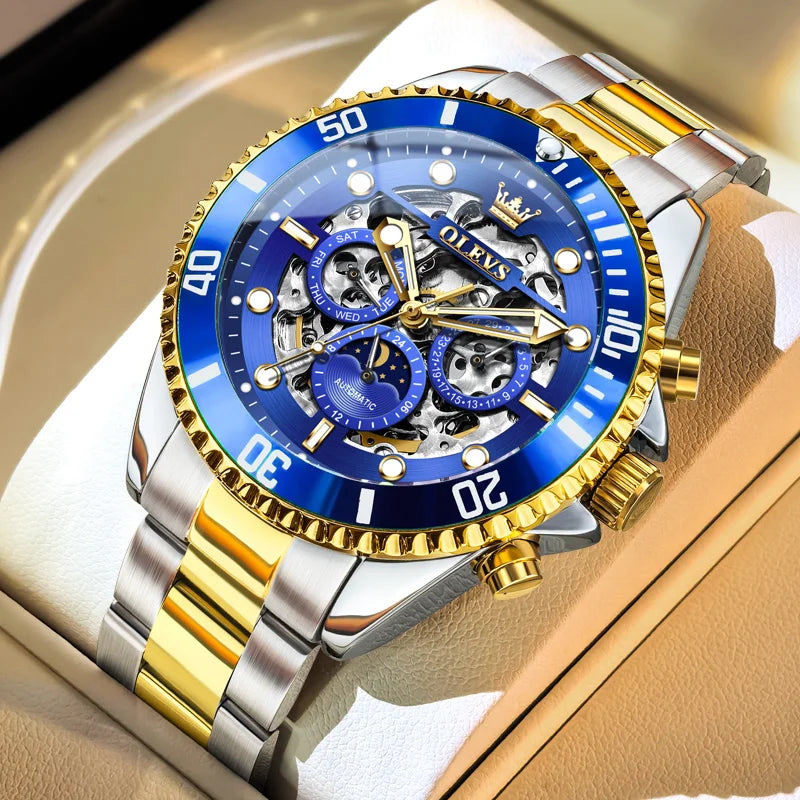 Montre Homme OLEVS 6715 – Automatique Squelette Luxe, Étanche & Élégante avec Phase de Lune