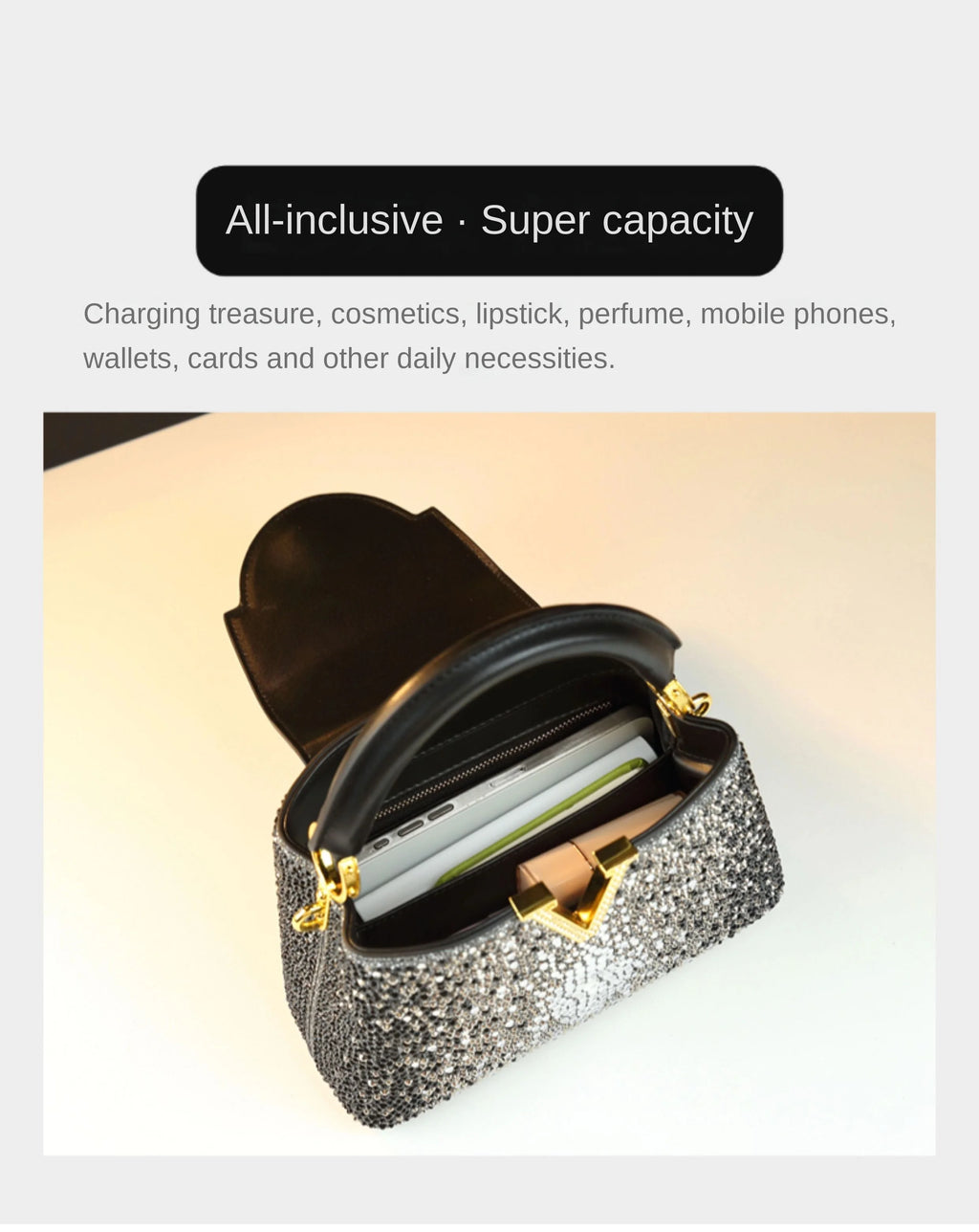 Sac à Main Femme Luxe à Strass – Poignée Rigide et Détail Doré | Sac Brillant Chic Soirée ou Cérémonie