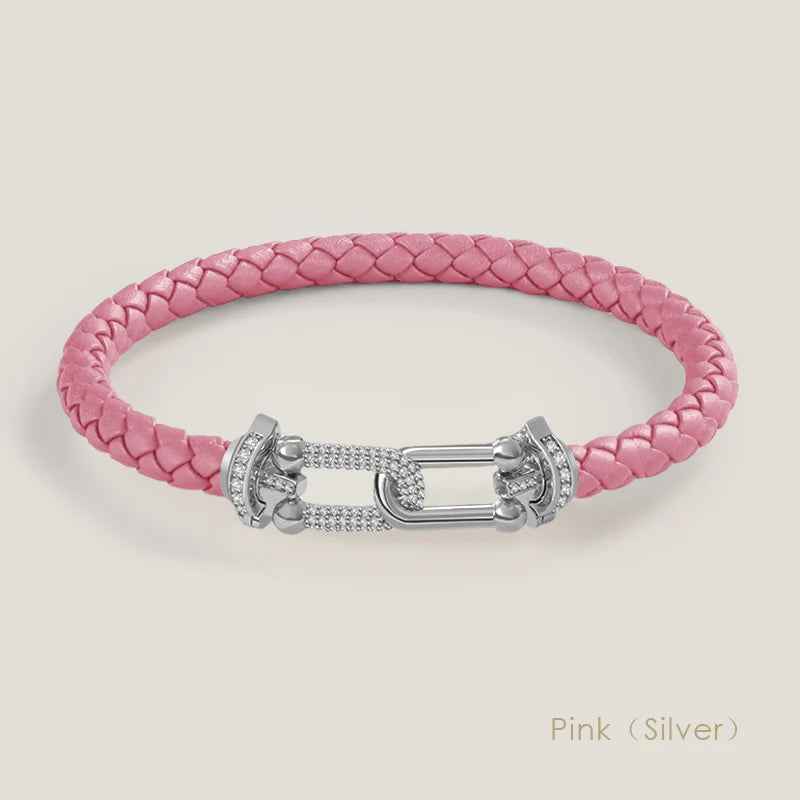 Bracelet en cuir tressé et zircon – Élégance intemporelle, design en U raffiné ✨
