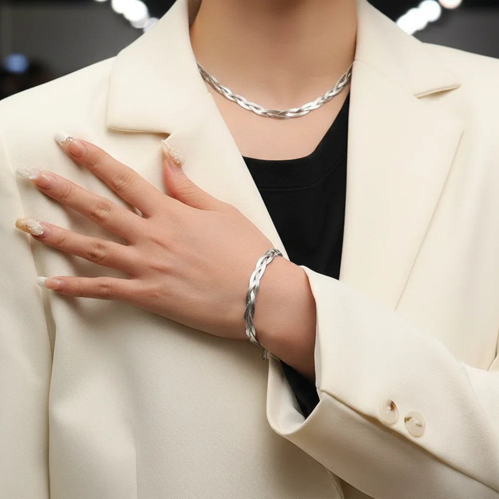 Ensemble Collier et Bracelet Plat en Acier Inoxydable – Maille Serpent Trois Couleurs | Bijoux Tendance Femme & Homme