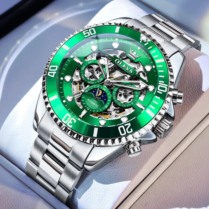Montre Homme OLEVS 6715 – Automatique Squelette Luxe, Étanche & Élégante avec Phase de Lune