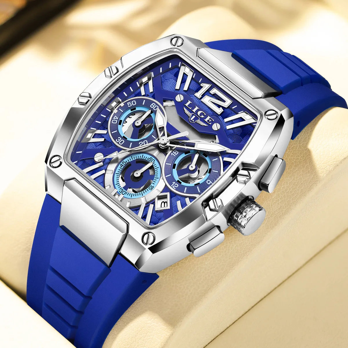 Montre Homme “LIGE Chrono Sport” — Design Carré, Chronographe Lumineux & Style Élégance Urbaine