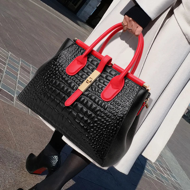 Sac à Main Femme Motif Crocodile – Grand Sac Élégant Imitation Cuir Luxe | Poignées Contrastées Mode Chic