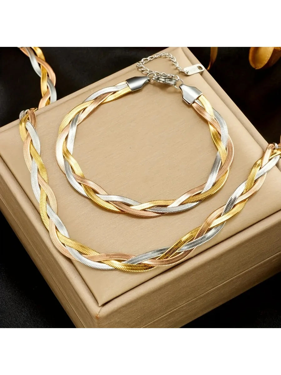Ensemble Collier et Bracelet Plat en Acier Inoxydable – Maille Serpent Trois Couleurs | Bijoux Tendance Femme & Homme