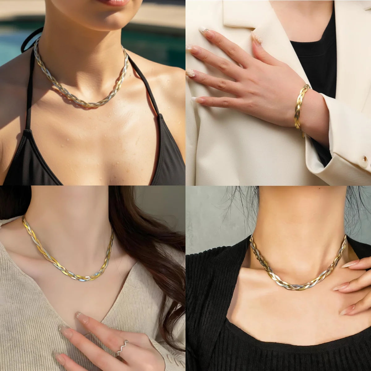 Ensemble Collier et Bracelet Plat en Acier Inoxydable – Maille Serpent Trois Couleurs | Bijoux Tendance Femme & Homme