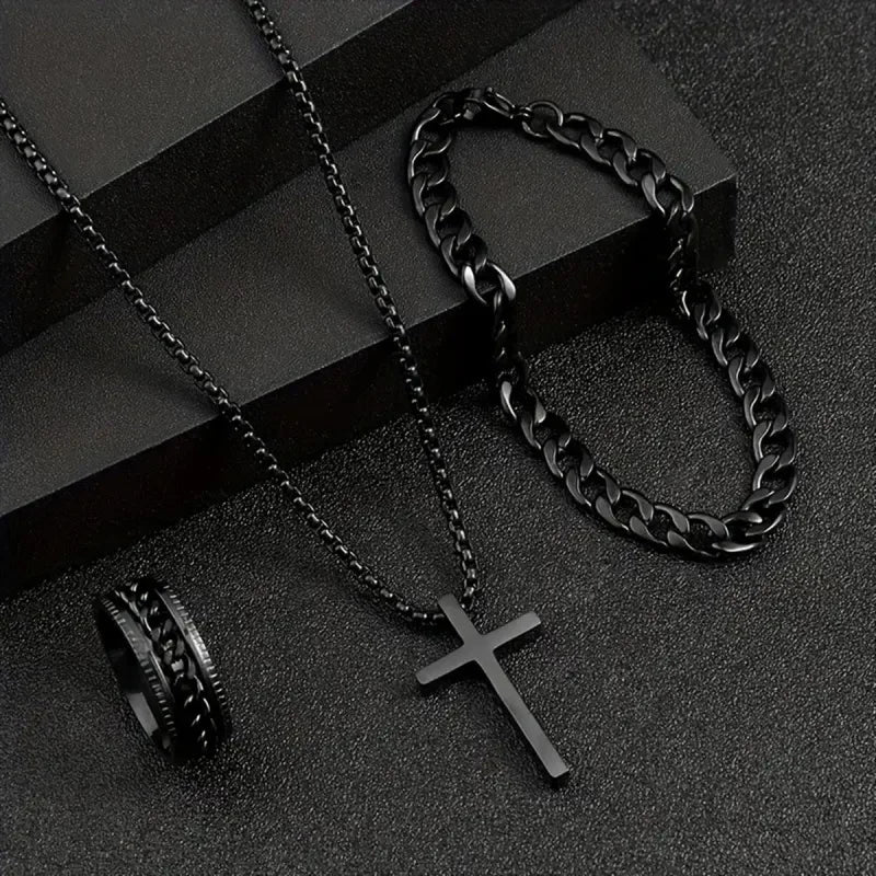Ensemble Bijoux Homme 3 Pièces – Collier Croix Noire, Bracelet Chaîne et Bague | Style Punk Chic et Tendance