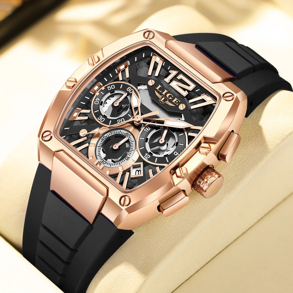 Montre Homme “LIGE Chrono Sport” — Design Carré, Chronographe Lumineux & Style Élégance Urbaine