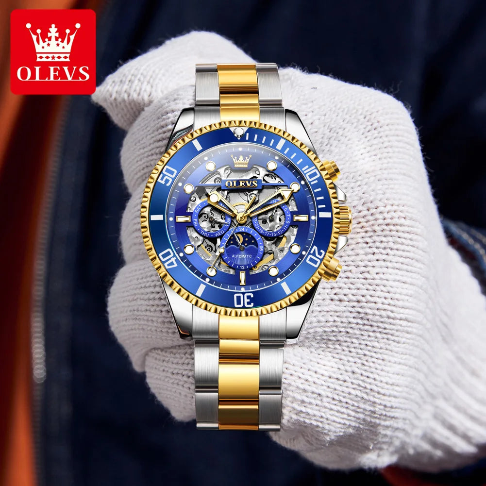 Montre Homme OLEVS 6715 – Automatique Squelette Luxe, Étanche & Élégante avec Phase de Lune