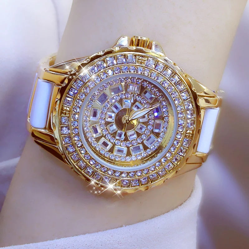 Montre Femme Luxe Dorée – BS Bee Sister | Cadran & Bracelet Ornés de Cristaux Étincelants | Élégance et Brillanc