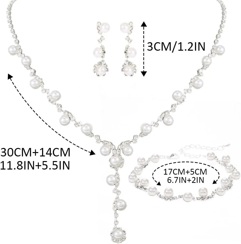 Parure de Mariage Élégante – Collier, Boucles d’Oreilles et Bracelet Perles & Strass Argentés | Bijoux de Mariée Raffinés