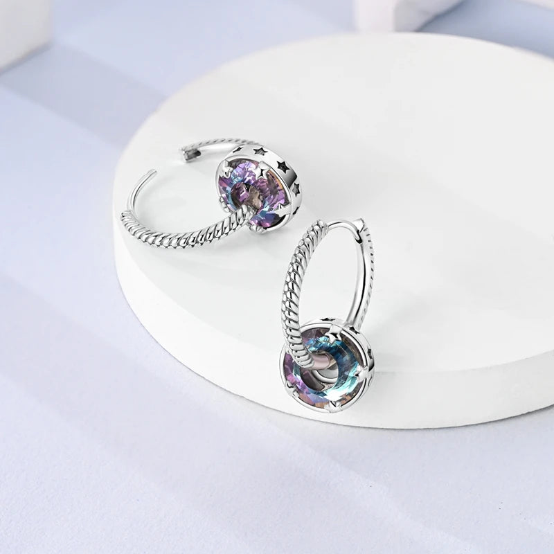 Boucles d’Oreilles Créoles Scintillantes en Argent 925 – Zircons Multicolores & Design Élégant | Bijou Hypoallergénique de Luxe pour Femme
