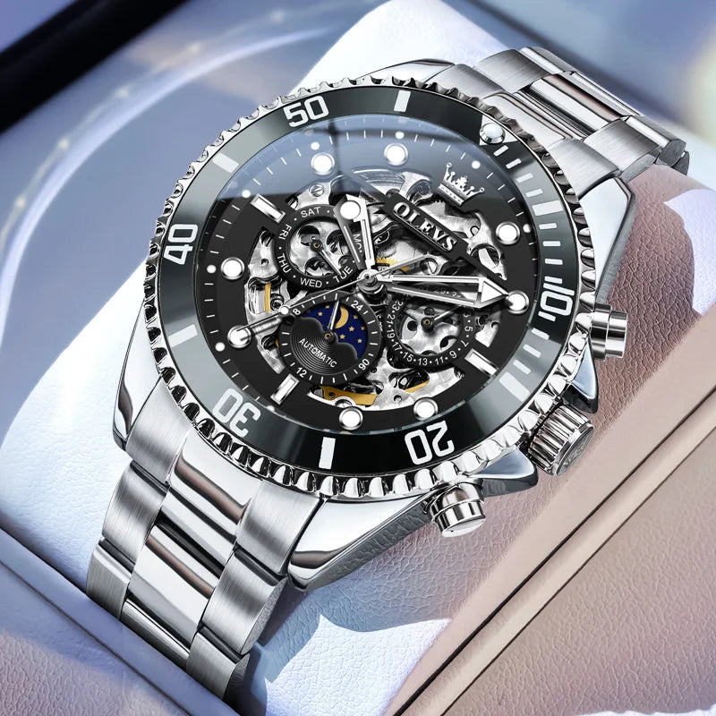 Montre Homme OLEVS 6715 – Automatique Squelette Luxe, Étanche & Élégante avec Phase de Lune